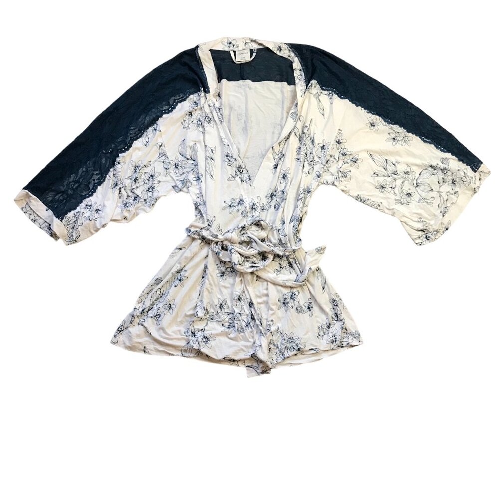 Soma Floral Robe Women's Size S/M Navy‎ Blue, Off White Lace Accent Rayon Blend